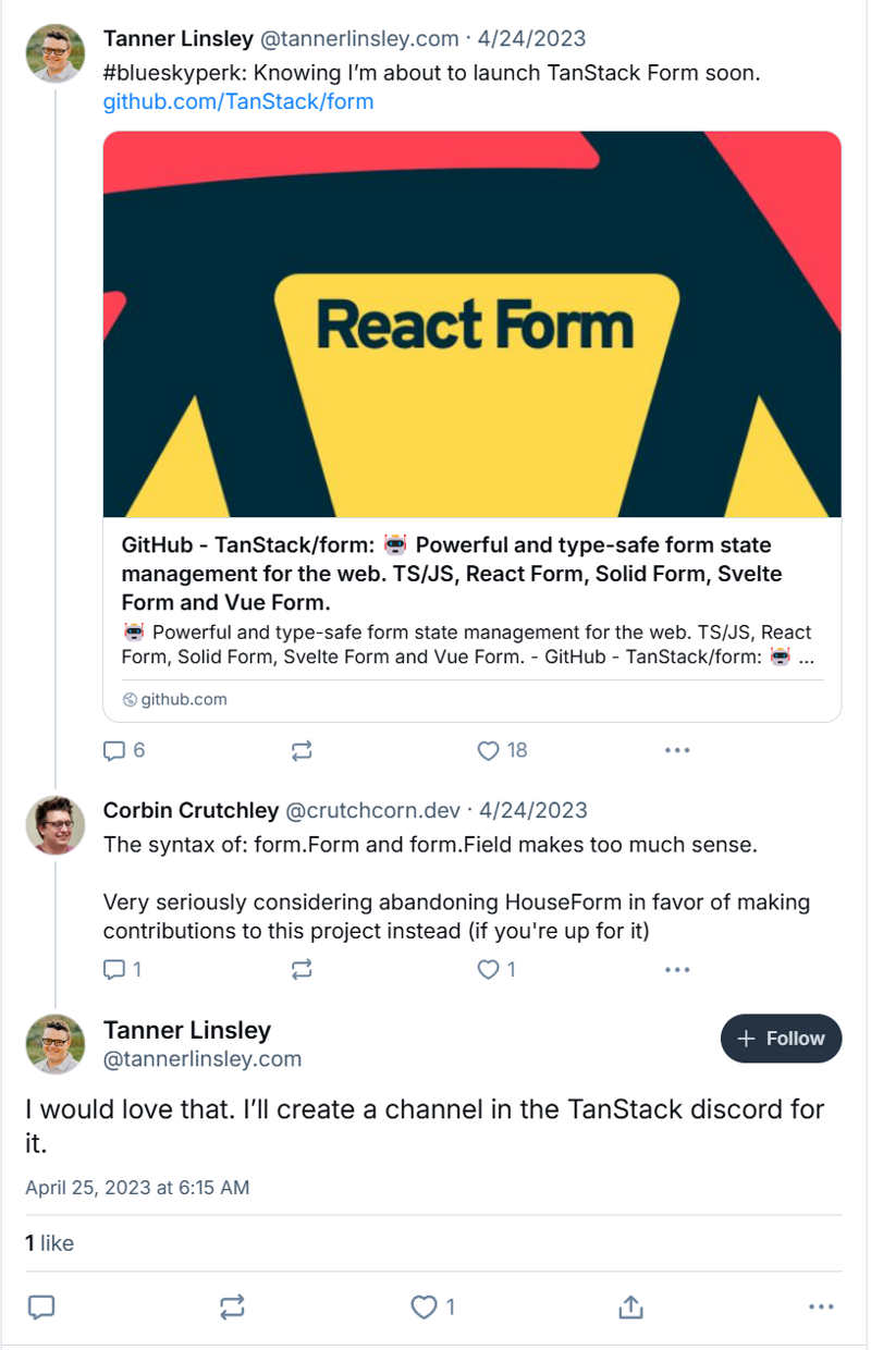 A back and forth between Tanner and myself on Bluesky about TanStack Form